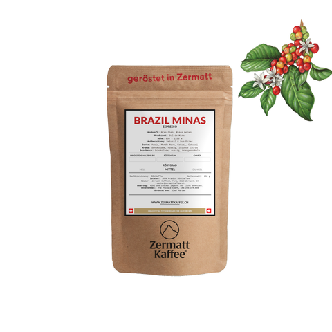 Zermatt Kaffee coffee package with 'Brazil Minas' label and coffee plant illustration on a white background
