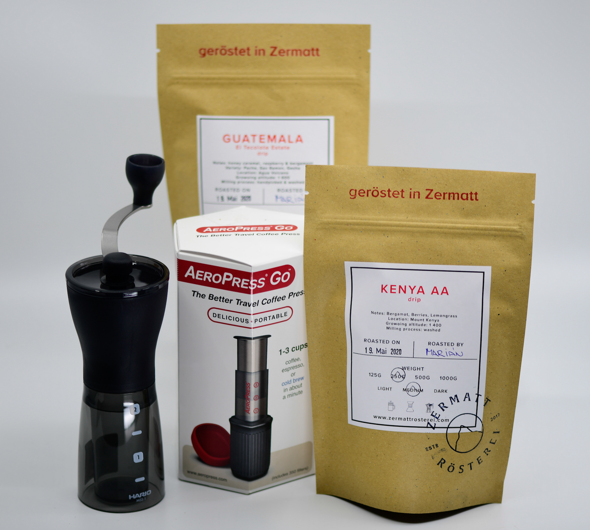 AeroPress GO kit box with Grinder Hario